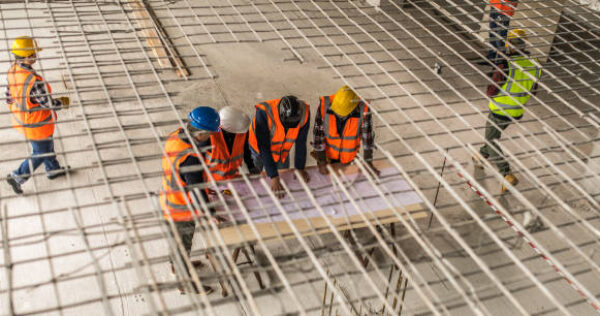 High angle view photo of a group of construction workers looking at blueprints.